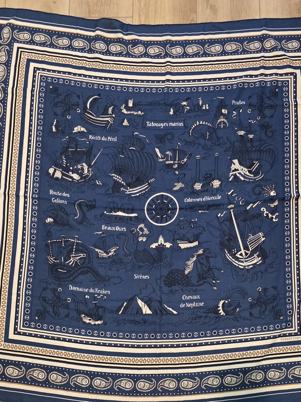 Authentic Hermès Tatouages Marins Shawl 140 Marine White Silk Cashmere Scarf - Picture 4 of 6